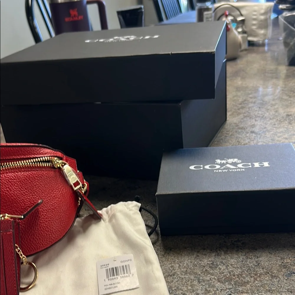 Coach Red Pebbled Leather Crossbody Belt Bag with Matching Card Case